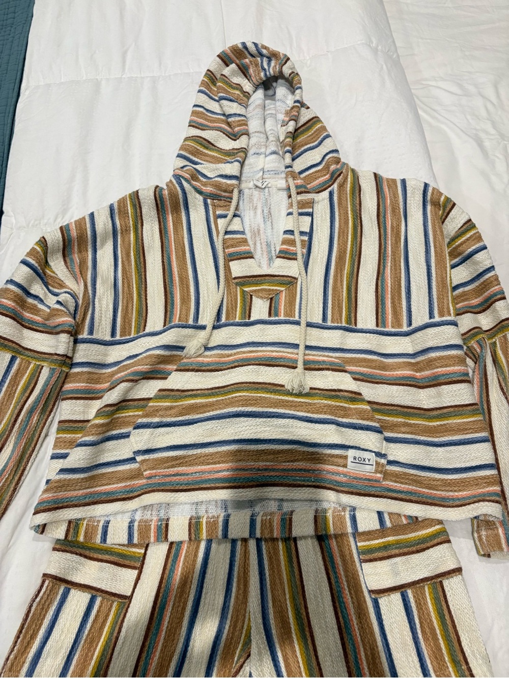 Roxy Striped Poncho Hoodie in Cream, Blue & Brown Tones with Matching Shorts